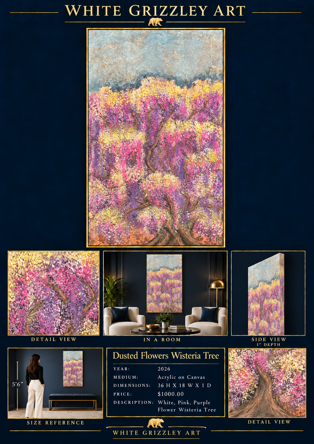 White Grizzley Art presentation for Dusted Flowers Wisteria Tree